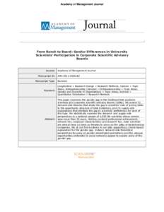 Academy of Management Journal  From Bench to Board: Gender Differences in University Scientists’ Participation in Corporate Scientific Advisory Boards