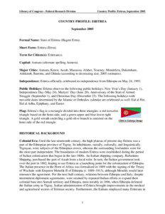 Library of Congress – Federal Research Division  Country Profile: Eritrea, September 2005