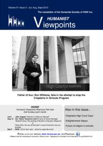 Volume 51 Issue 3 - Jul, Aug, Sept 2012 The newsletter of the Humanist Society of NSW Inc. Viewpoints HUMANIST