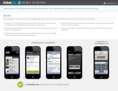 Mobile ticketing  start.ticketfly.com Ticketfly delivers a comprehensive mobile ticketing experience – from event discovery to purchase, social sharing, and entry scanning.