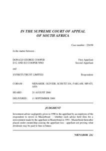 IN THE SUPREME COURT OF APPEAL OF SOUTH AFRICA Case number : [removed]In the matter between :  DONALD GEORGE COOPER