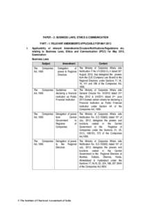 PAPER – 2: BUSINESS LAWS, ETHICS & COMMUNICATION PART – I: RELEVANT AMENDMENTS APPLICABLE FOR MAY 2013 I. Applicability of relevant Amendments/Circulars/Notifications/Regulations etc. relating to Business Laws, Ethic