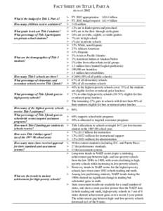 FACT SHEET ON TITLE I, PART A AUGUST 2002 What is the budget for Title I, Part A? How many children receive assistance? What grade levels are Title I students? What percentage of Title I participants