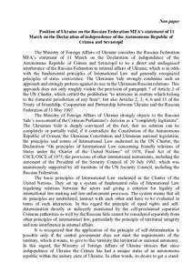 Non paper Position of Ukraine on the Russian Federation MFA’s statement of 11 March on the Declaration of independence of the Autonomous Republic of Crimea and Sevastopil The Ministry of Foreign Affairs of Ukraine cons