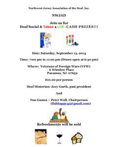 Northwest Jersey Association of the Deaf, Inc.  NWJAD Join us for Deaf Social & Taboo & LCR - CASH PRIZES!!!