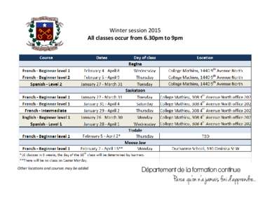 Winter session 2015 All classes occur from 6.30pm to 9pm Other locations and courses may be added  Département de la formation continue