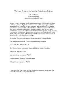 Trial and Error in the Socialist Calculation Debate DW MacKenzie SUNY Plattsburgh