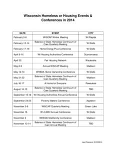 Wisconsin Homeless or Housing Events & Conferences in 2014 DATE  EVENT