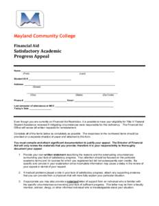 Mayland Community College Financial Aid   Satisfactory Academic   Progress Appeal  Name ________________________________________________________________________