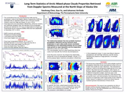 Long-Term Statistics of Arctic Mixed-phase Clouds Properties Retrieved from Doppler Spectra Measured at the North Slope of Alaska Site Yaosheng Chen, Guo Yu, and Johannes Verlinde Department of Meteorology, The Pennsylva