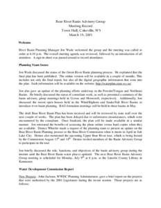 Bear River Basin Advisory Group Meeting Record Town Hall, Cokeville, WY March 19, 2001 Welcome River Basin Planning Manager Jon Wade welcomed the group and the meeting was called to