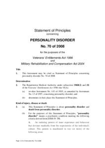 Statement of Principles concerning PERSONALITY DISORDER No. 70 of 2008 for the purposes of the