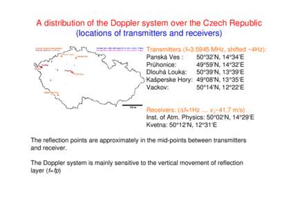 A distribution of the Doppler system over the Czech Republic (locations of transmitters and receivers) Transmitters (f=MHz, shifted ~4Hz): Panská Ves : 50°32’N, 14°34’E Průhonice:
