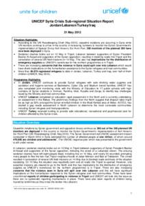 UNICEF Syria Crisis Sub-regional Situation Report Jordan/Lebanon/Turkey/Iraq 21 May 2012 Situation Highlights:  According to the UN Peacekeeping Chief (May 2012), ceasefire violations are occurring in Syria while UN m