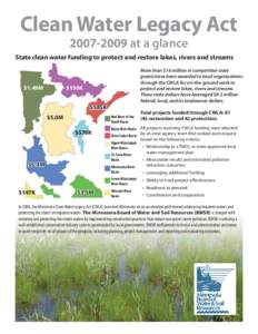 Clean Water Legacy Act[removed]at a glance State clean water funding to protect and restore lakes, rivers and streams More than $16 million in competitive state grants have been awarded to local organizations through t