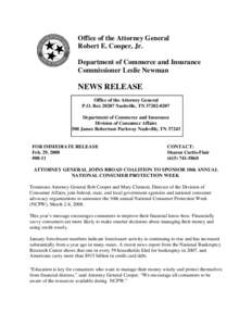 Office of the Attorney General Robert E. Cooper, Jr. Department of Commerce and Insurance Commissioner Leslie Newman  NEWS RELEASE