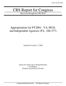 Order Code RL30504  CRS Report for Congress Received through the CRS Web  Appropriations for FY2001: VA, HUD,