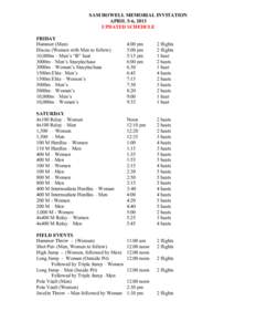 SAM HOWELL MEMORIAL INVITATION APRIL 5-6, 2013 UPDATED SCHEDULE FRIDAY Hammer (Men) Discus (Women with Men to follow)