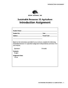 INTRODUCTION ASSIGNMENT  Sustainable Resources 12: Agriculture Introduction Assignment Student Name