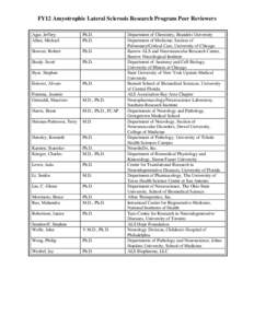 FY12 Amyotrophic Lateral Sclerosis Research Program Peer Reviewers Agar, Jeffrey Allen, Michael Ph.D. Ph.D.