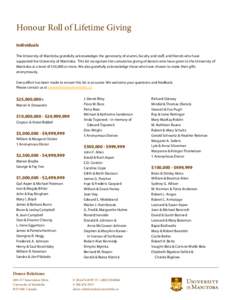 Honour Roll of Lifetime Giving Individuals The University of Manitoba gratefully acknowledges the generosity of alumni, faculty and staff, and friends who have supported the University of Manitoba. This list recognizes t