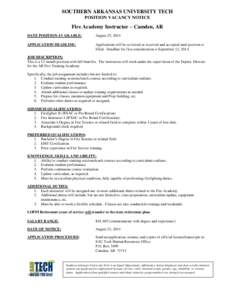 SOUTHERN ARKANSAS UNIVERSITY TECH POSITION VACANCY NOTICE Fire Academy Instructor – Camden, AR DATE POSITION AVAILABLE: