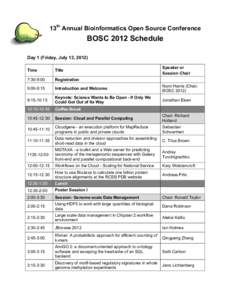    13th Annual Bioinformatics Open Source Conference BOSC 2012 Schedule Day 1 (Friday, July 13, 2012)