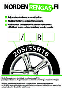 NORDEN RENGAS. FI 1 Tulosta lomake ja mene autosi luokse. 2 Täytä renkaiden kokotiedot lomakkeelle. 3 Valitse tämän kokoiset renkaat verkkokaupassamme  nähdäksesi suuren valikoiman autoosi sopivia renkaita.