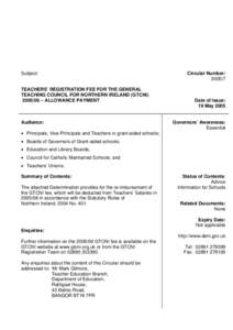 Subject:  TEACHERS’ REGISTRATION FEE FOR THE GENERAL TEACHING COUNCIL FOR NORTHERN IRELAND (GTCNI – ALLOWANCE PAYMENT