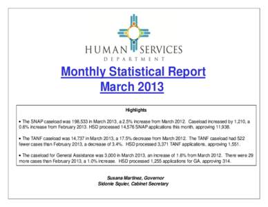 Monthly Statistical Report March 2013 Highlights  The SNAP caseload was 198,533 in March 2013, a 2.5% increase from March[removed]Caseload increased by 1,210, a 0.6% increase from February[removed]HSD processed 14,576 SNA