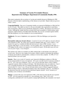 MDCH Immunization Contact: Joel Blostein[removed]Summary of Vaccine Preventable Diseases Reported to the Michigan Department of Community Health, 1996