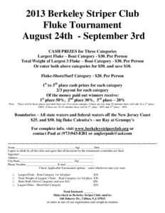 2013 Berkeley Striper Club Fluke Tournament August 24th - September 3rd CASH PRIZES for Three Categories Largest Fluke – Boat Category - $30. Per Person Total Weight of Largest 3 Fluke – Boat Category - $30. Per Pers