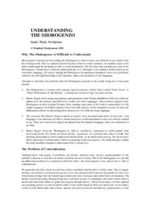 UNDERSTANDING THE SHOBOGENZO Gudo Wafu Nishijima © Windbell Publications[removed]Why The Shobogenzo is Difficult to Understand