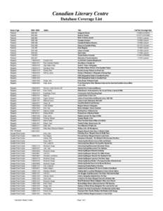 Canadian Literary Centre Database Coverage List Source Type ISSN / ISBN