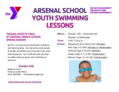 ARSENAL SCHOOL YOUTH SWIMMING LESSONS THELMA LOVETTE YMCA AT ARSENAL MIDDLE SCHOOL SPRING SESSION
