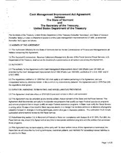 Cash Management Improvement Act Agreement between The State of Vermont and The Secretary of the Treasury, .. United States Department of the Treasury