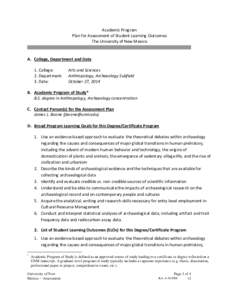 Academic Program Plan for Assessment of Student Learning Outcomes The University of New Mexico A. College, Department and Date 1. College: