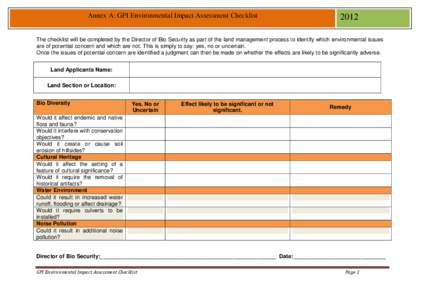 Annex A: GPI Environmental Impact Assessment Checklist PI[removed]The checklist will be completed by the Director of Bio Security as part of the land management process to identify which environmental issues