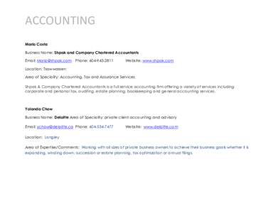 ACCOUNTING Mario Costa Business Name: Shpak and Company Chartered Accountants Email: [removed] Phone: [removed]Website: www.shpak.com