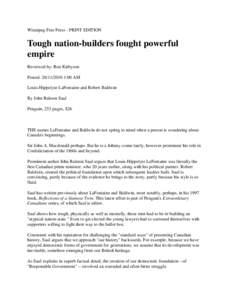 Winnipeg Free Press - PRINT EDITION  Tough nation-builders fought powerful empire Reviewed by: Ron Kirbyson Posted: [removed]:00 AM