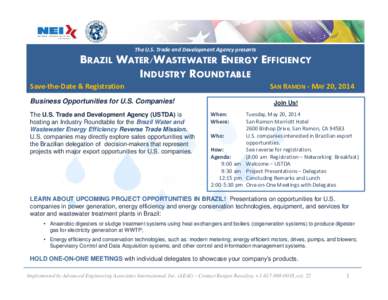 The U.S. Trade and Development Agency presents  BRAZIL WATER/WASTEWATER ENERGY EFFICIENCY INDUSTRY ROUNDTABLE Save-the-Date & Registration