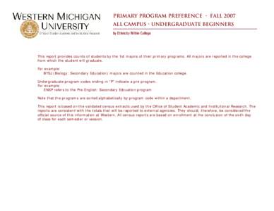 Primary Program Preference • Fall 2007 All Campus • Undergraduate beginners by Ethnicity Within College This report provides counts of students by the 1st majors of their primary programs. All majors are reported in 