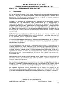 ING. MARCO ACOSTA GALINDO Estudios de Ingeniería Definitivos del Paso Lateral de Loja CAPÍTULO 5: 5.1  PLAN DE MANEJO AMBIENTAL- PMA