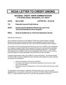 NCUA LETTER TO CREDIT UNIONS - Community Development Revolving Loan Fund Technical Assistance Grant Program, Letter # 05-CU-05