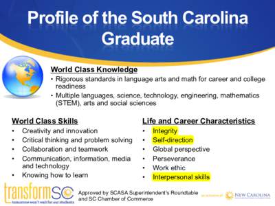 Profile of the South Carolina Graduate World Class Knowledge •  Rigorous standards in language arts and math for career and college  readiness