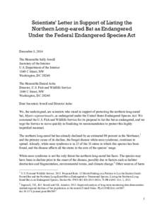 Scientists’ Letter in Support of Listing the Northern Long-eared Bat as Endangered Under the Federal Endangered Species Act