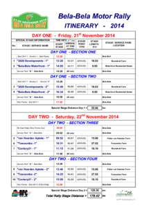 Bela-Bela Motor Rally ITINERARY[removed]DAY ONE - Friday, 21st November 2014 SPECIAL STAGE INFORMATION No.