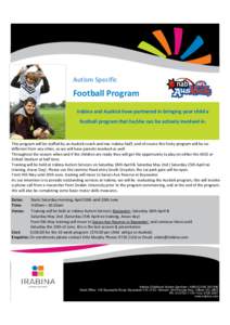 Autism Specific  Football Program Irabina and Auskick have partnered in bringing your child a football program that he/she can be actively involved in.