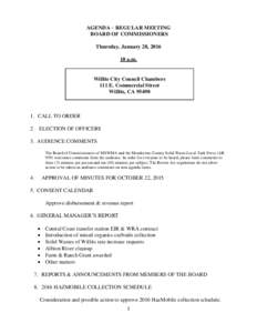 AGENDA – REGULAR MEETING BOARD OF COMMISSIONERS Thursday, January 28, a.m.  Willits City Council Chambers