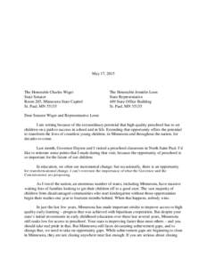 May 17, 2015  The Honorable Charles Wiger State Senator Room 205, Minnesota State Capitol St. Paul, MN 55155